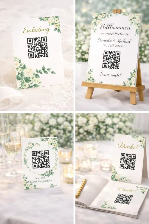 Möglichkeiten zur Platzierung eines QR-Codes für Hochzeitsfotos auf Einladung, Tisch, Willkommensschild und Gästebuch