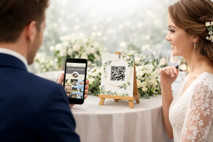 QR-Code für Hochzeitsfotos auf Tischkarte – Gäste laden Bilder direkt in eine gemeinsame Galerie hoch